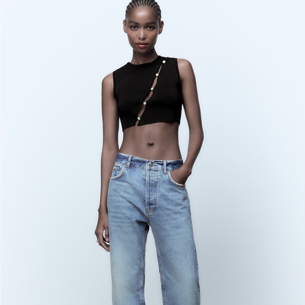 NWT Zara Knit Crop Top Jewel Button Black XS